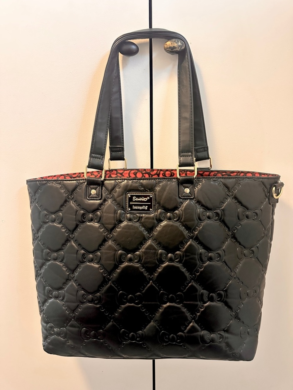 Loungefly Sanrio Hello Kitty Black Quilted Tote with Red interior